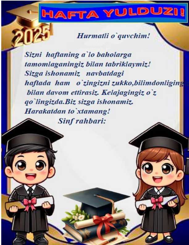 Hafta g'olibi faxriy yorliq