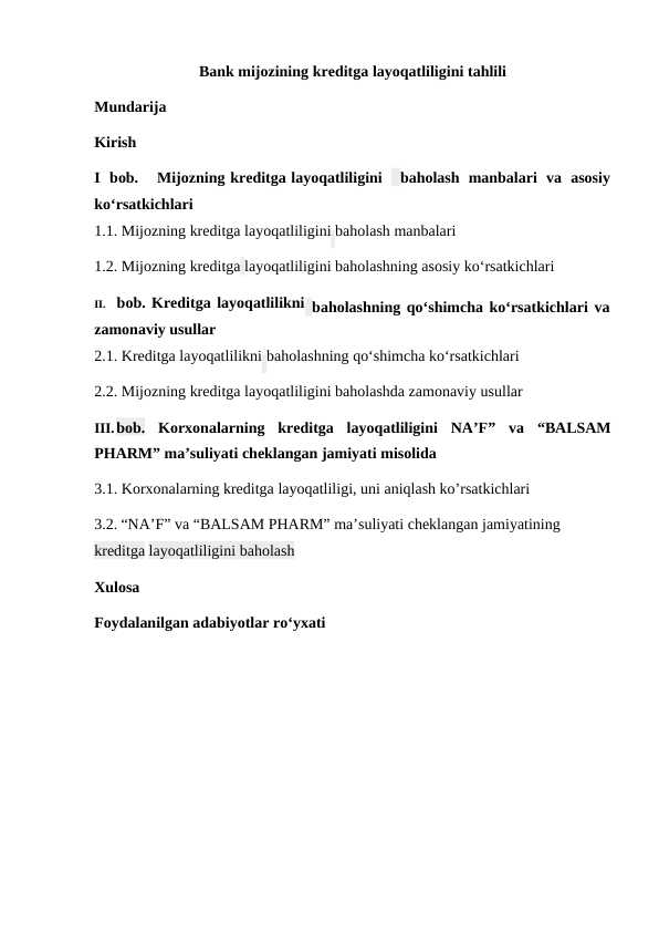 Bank mijozining kreditga layoqatliligini tahlili
