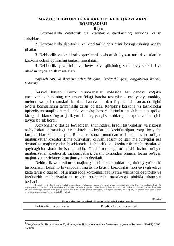 DEBITORLIK VA KREDITORLIK QARZLARINI BOSHQARISH