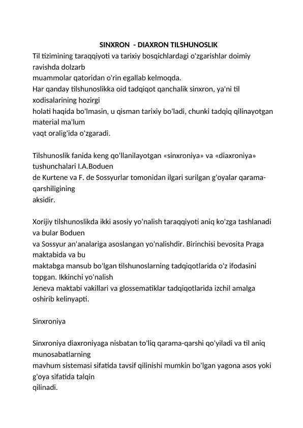 Sinxron diaxron tilshunoslik