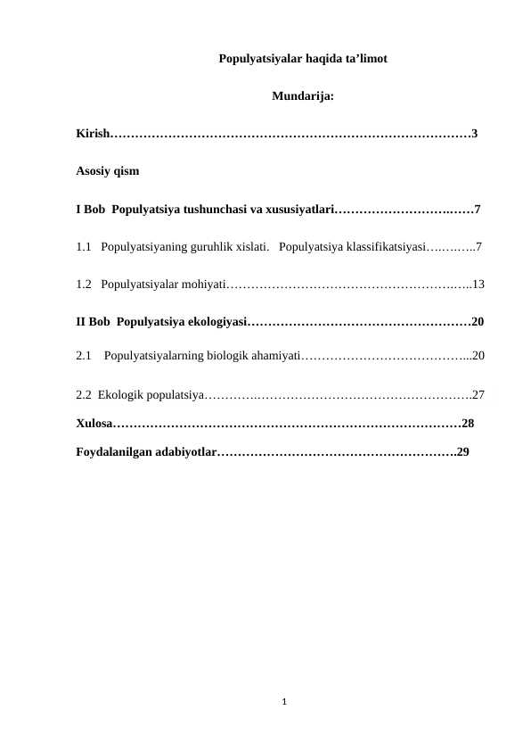 Populyatsiyalar haqida taʼlimot kurs ishi
