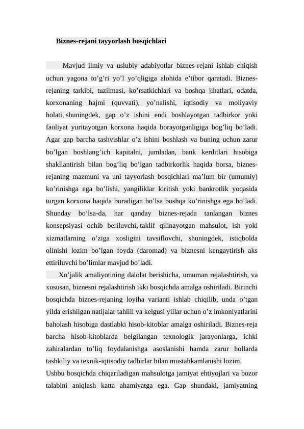 Biznes-rejani tayyorlash bosqichlari