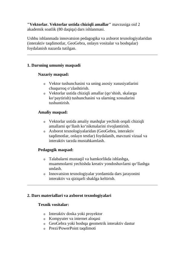 Vektorlar. Vektorlar ustida chiziqli amallar ( Dars ishlanma )