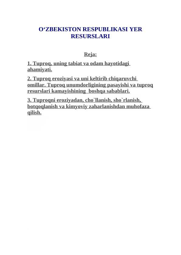 O‘ZBEKISTON RESPUBLIKASI YER RESURSLARI