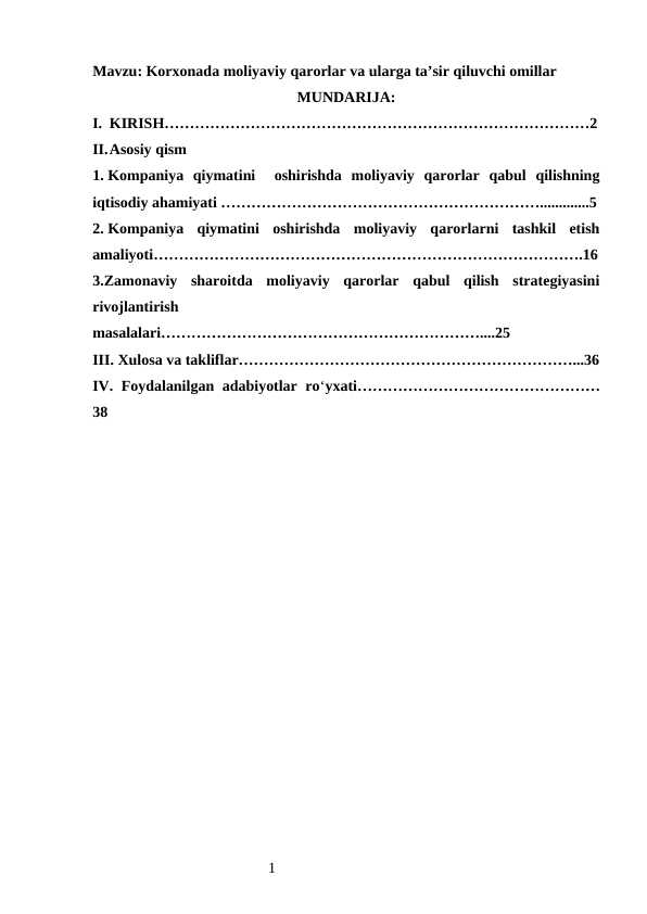 Korxonada moliyaviy qarorlar va ularga ta’sir qiluvchi omillar