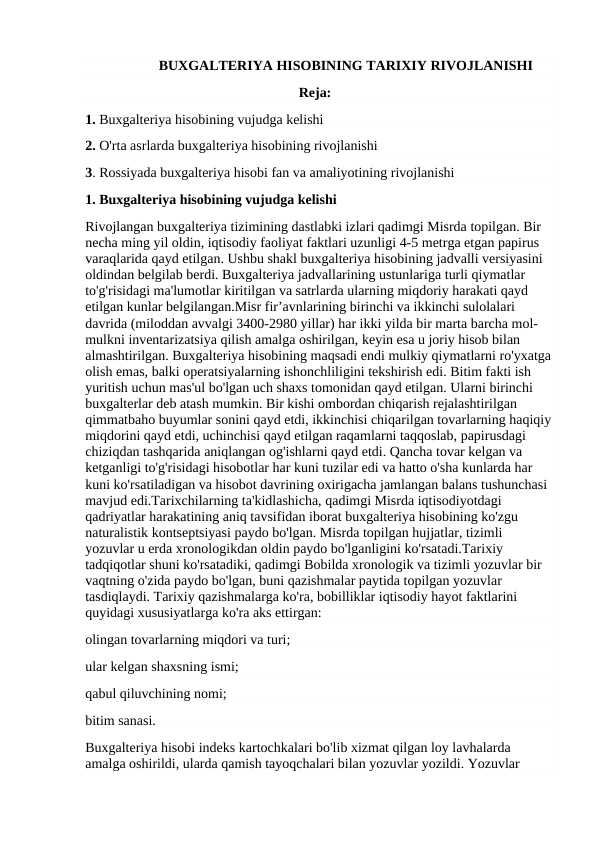 Buxgalteriya hisobining tarixiy rivojlanishi