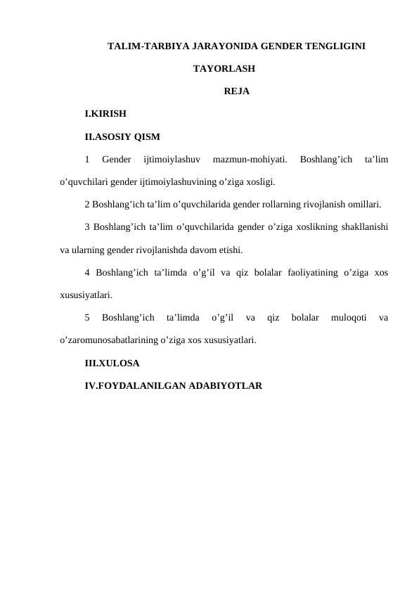 TALIM-TARBIYA JARAYONIDA GENDER TENGLIGINI TAYORLASH