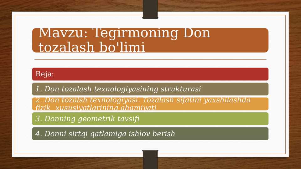 Tegirmoning Don tozalash bo'limi