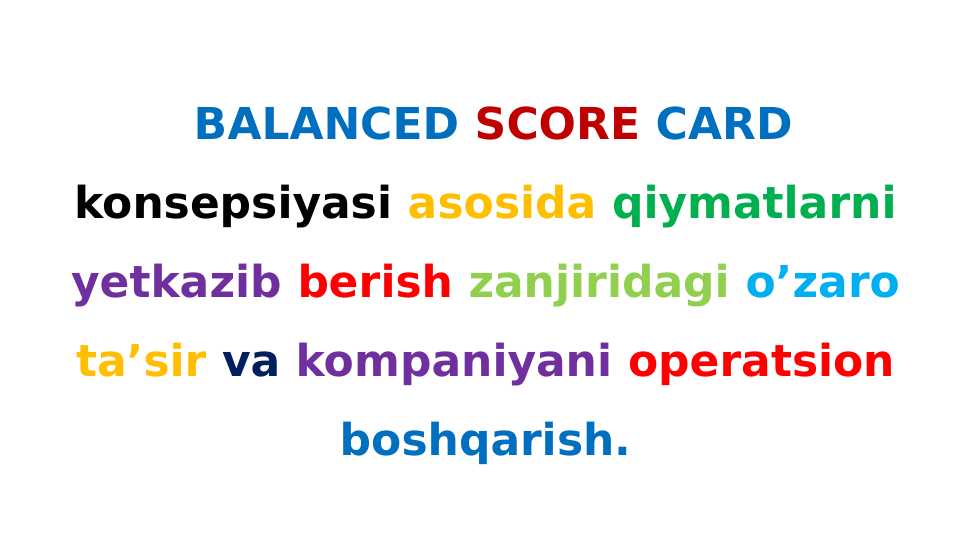 BALANCED SCORE CARD konsepsiyasi asosida qiymatlarni yetkazib berish zanjiridagi o’zaro ta’sir va kompaniyani operatsion boshqarish pptx
