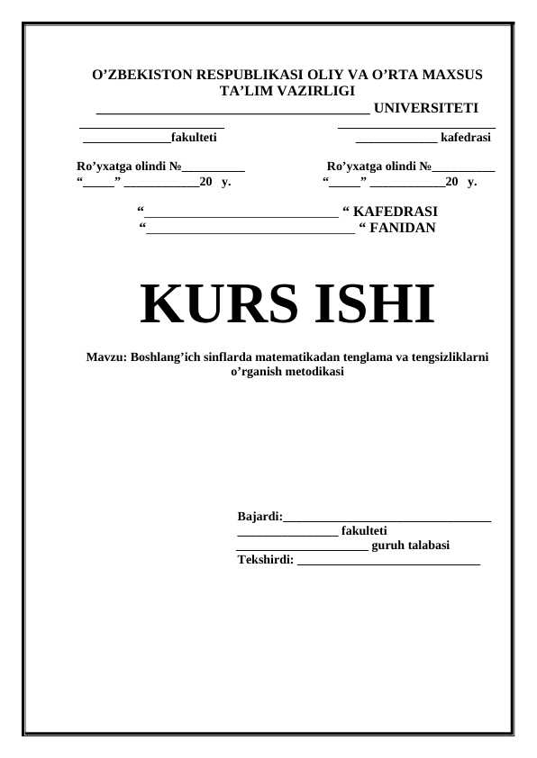 Boshlang’ich sinflarda matematikadan tenglama va tengsizliklarni o’rganish metodikasi