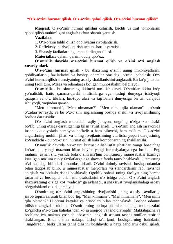 "O'z-o'zini hurmat qilish" Amaliy mashg'ulot