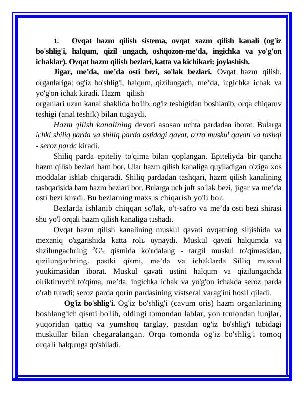 Ovqat hazm qilish sistemasi referat