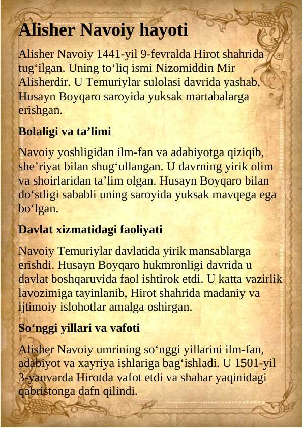 Alisher Navoiy hayoti va ijodi