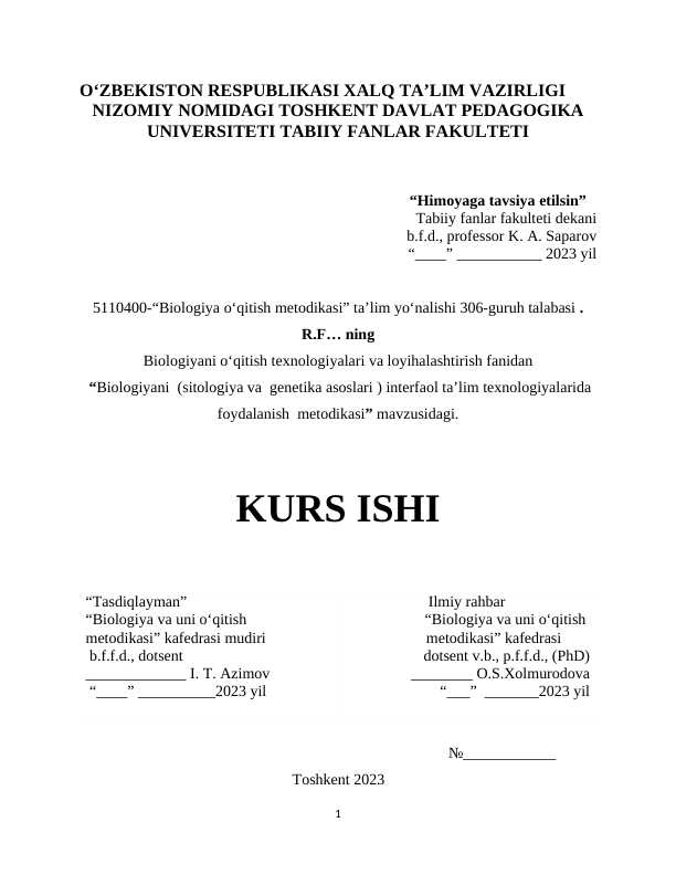 Biologiyani  (sitologiya va  genetika asoslari ) interfaol ta’lim texnologiyalarida foydalanish  metodikasi