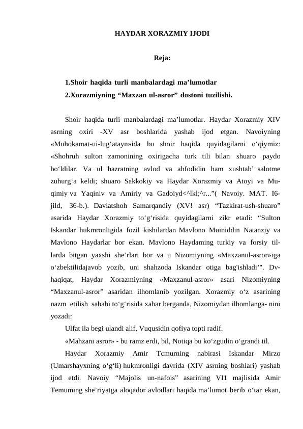 HAYDAR XORAZMIY IJODI
