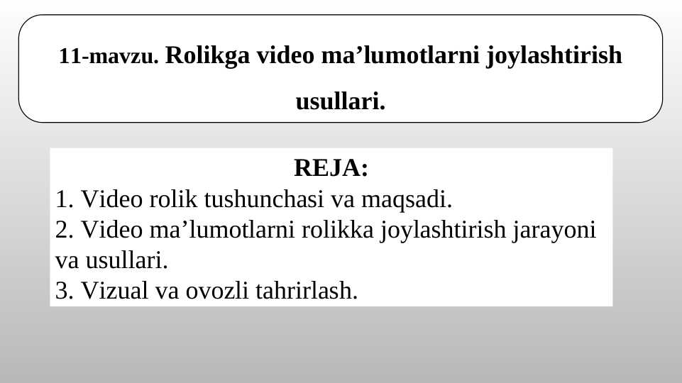 Rolikga video ma’lumotlarni joylashtirish usullari.