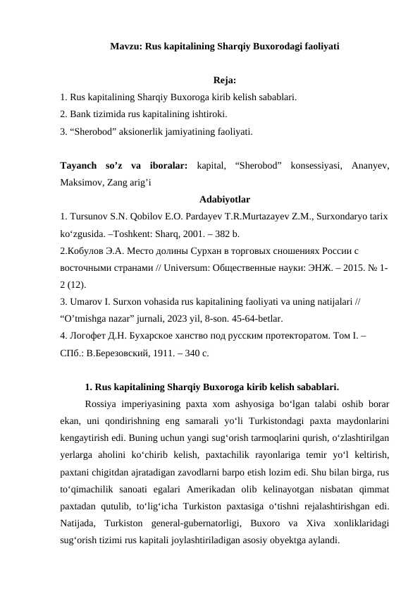 Rus kapitalining Sharqiy Buxorodagi faoliyati