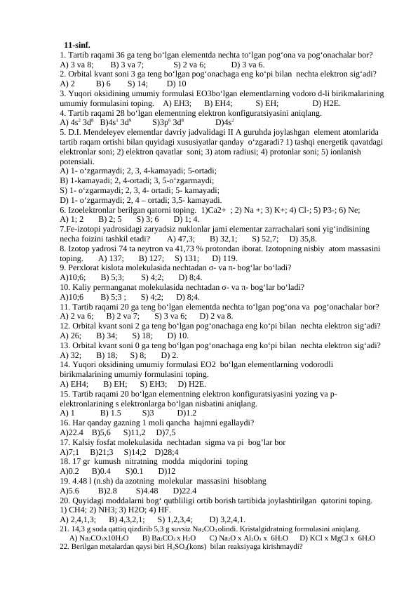 11 sinf kimyo test