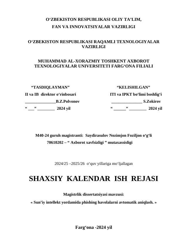 Shaxsiy kalendar reja( magistrlar uchun 2025 )