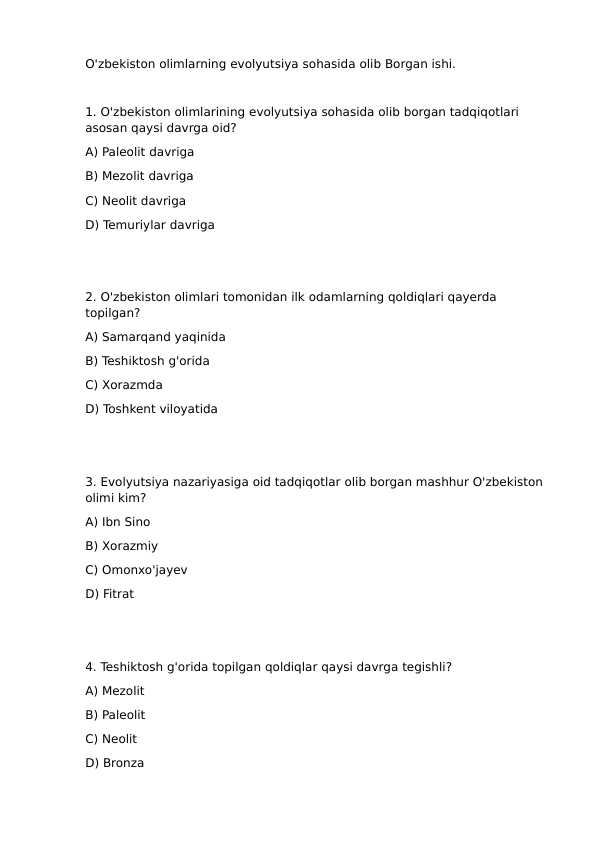 O'zbekiston olimlarning evolyutsiya sohasida olib Borgan ishi.