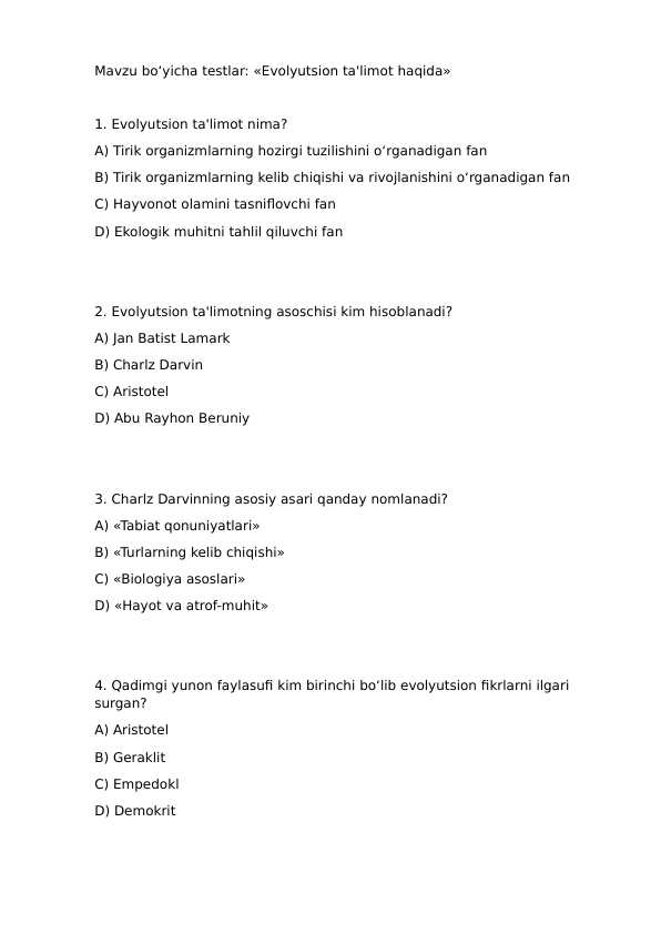 Evolyutsion ta'limot haqida test javoblari bilan