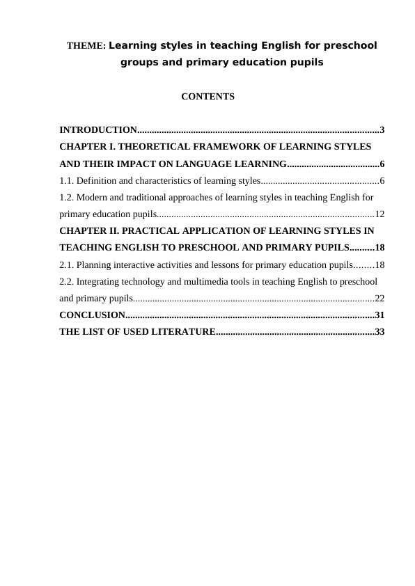 Learning styles in teaching English for preschool groups and primary education pupils