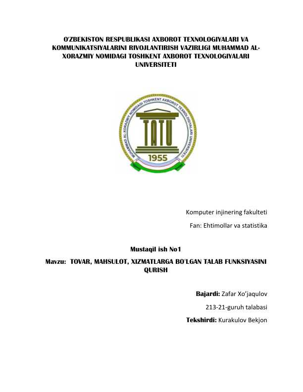 TOVAR, MAHSULOT, XIZMATLARGA BOʻLGAN TALAB FUNKSIYASINI QURISH