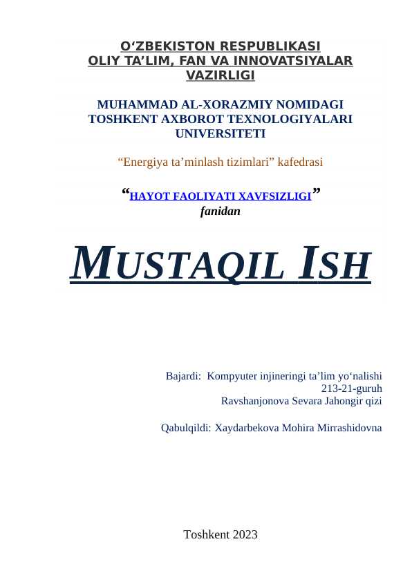 Yong‘in xavfsizligi va yong‘in oldini olish. Yong‘in o‘chirish tizimlari.