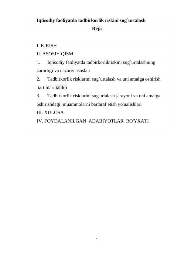 Iqtisodiy faoliyatda tadbirkorlik riskini sug`urtalash