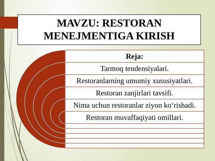 RESTORAN MENEJMENTIGA KIRISH