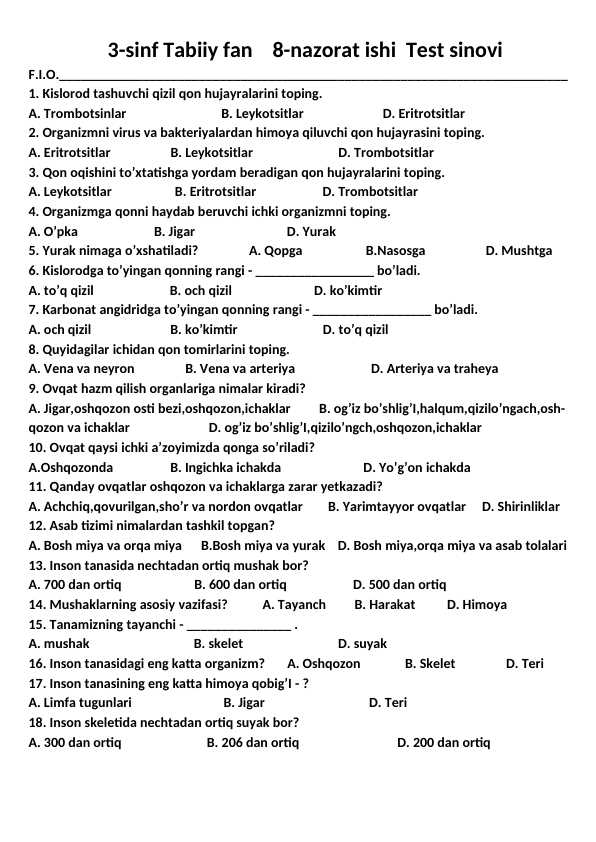 3-sinf Tabiiy fan    8-nazorat ishi  Test sinovi