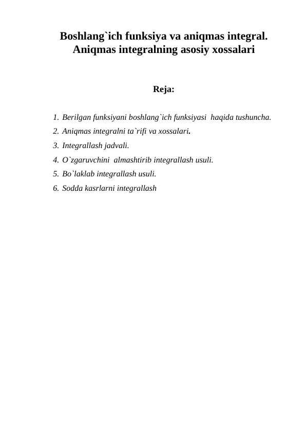 Boshlang`ich funksiuya va aniqmas integral