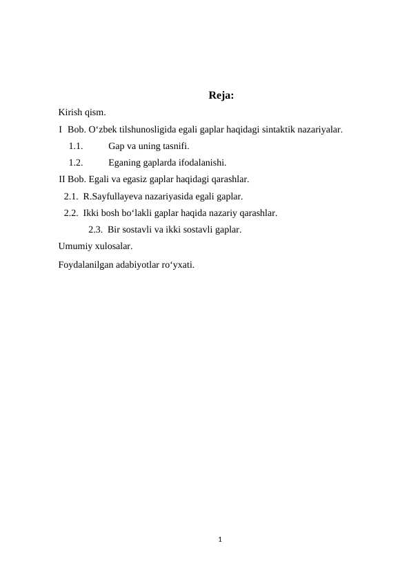 O‘zbek tilida egali gaplar haqidagi sintaktik nazariyalar”        KURS ISHI