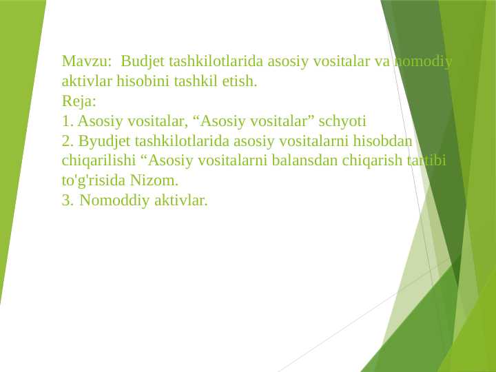 Budjet tashkilotlarida asosiy vositalar va nomodiy aktivlar hisobini tashkil etish.