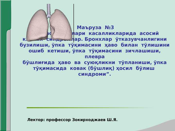 Nafas kasalliklari. Nafas organlari kasalliklarining asosiy klinik sindromlari. Bronxlar otkazuvchanligining buzilishi, upka to'qimasini ortiqcha havo bilan to'lishini oshib ketishi, upka to'qimasini zichlashishi, plevra bo'shlig'ida havo va suyuqlikni to'planishi, o'pka to'qimasida kovak paydo bo'lish sindromi