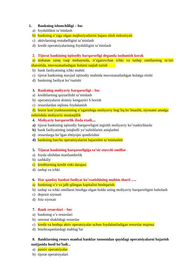 Bank ishi test javoblari bilan