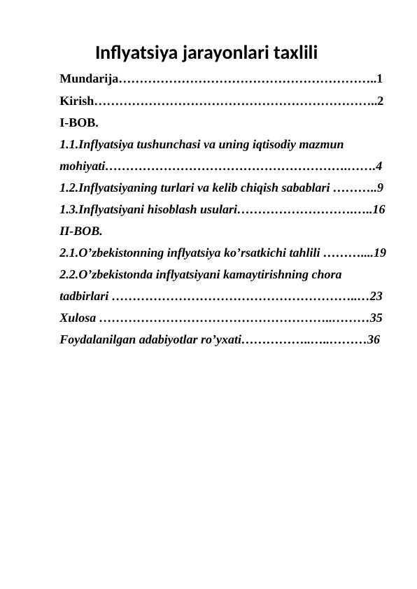 Inflyatsiya jarayonlari taxlili
