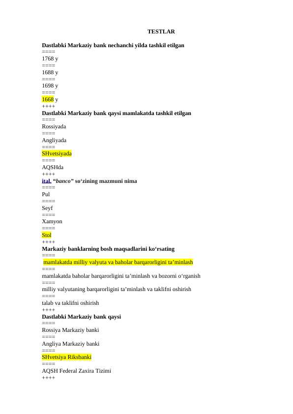 Bank ishi test javoblari bilan