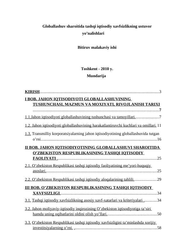 Globallashuv sharoitida tashqi iqtisodiy xavfsizlikning ustuvor yo’nalishlari