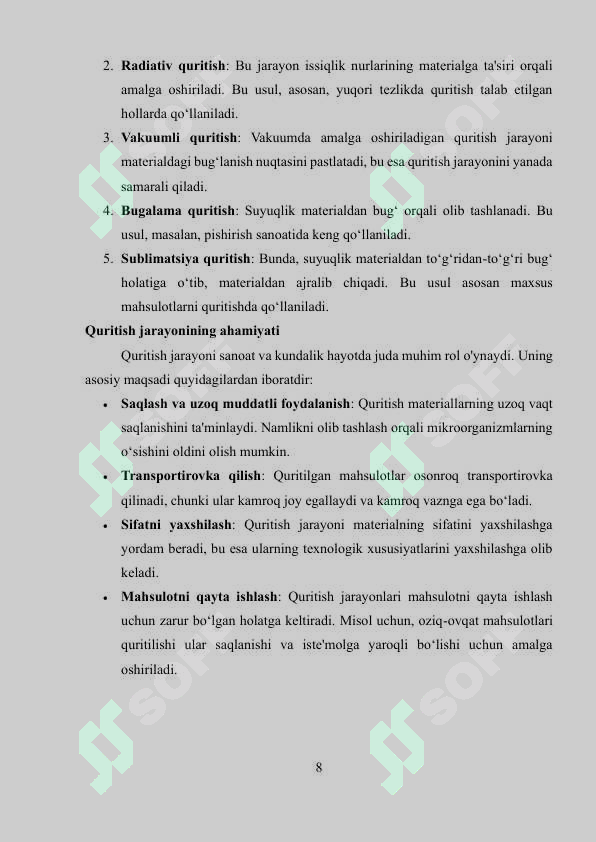 Moddalarni quritish jarayoni va quritish turlari