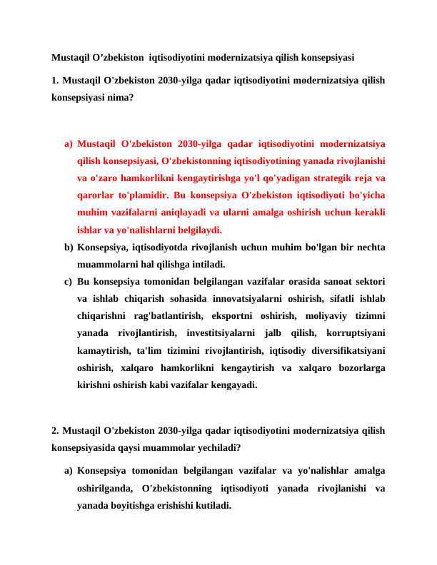 Mustaqil O’zbekiston  iqtisodiyotini modernizatsiya qilish konsepsiyasi mavzusida test