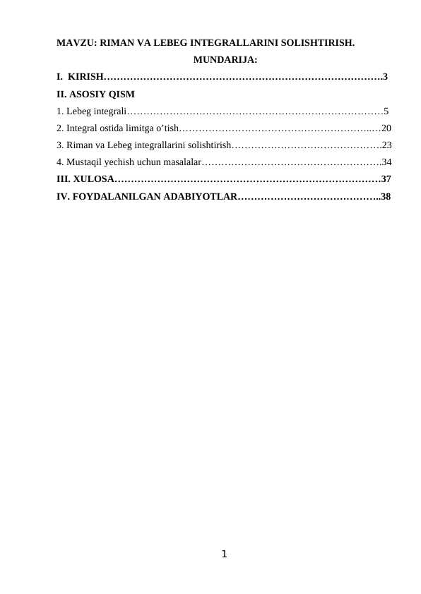 RIMAN VA LEBEG INTEGRALLARINI SOLISHTIRISH