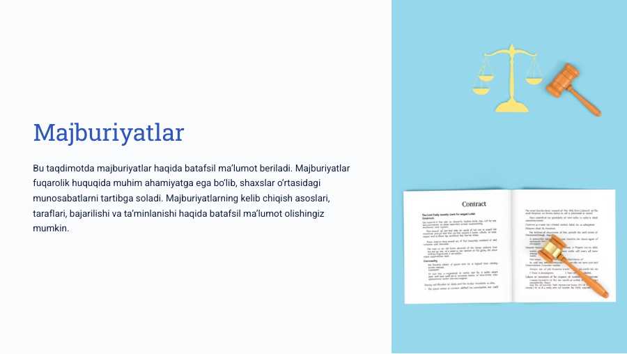 Majburiyatlar mavzusi bo'yicha slayd va krossword (10-sinf huquq)