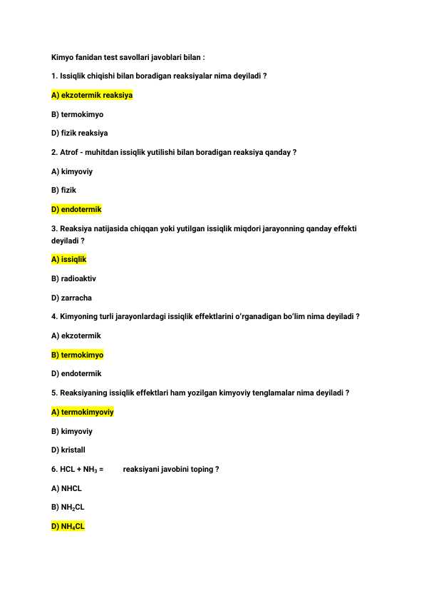 Kimyo / test savol-javoblar / 25 ta test