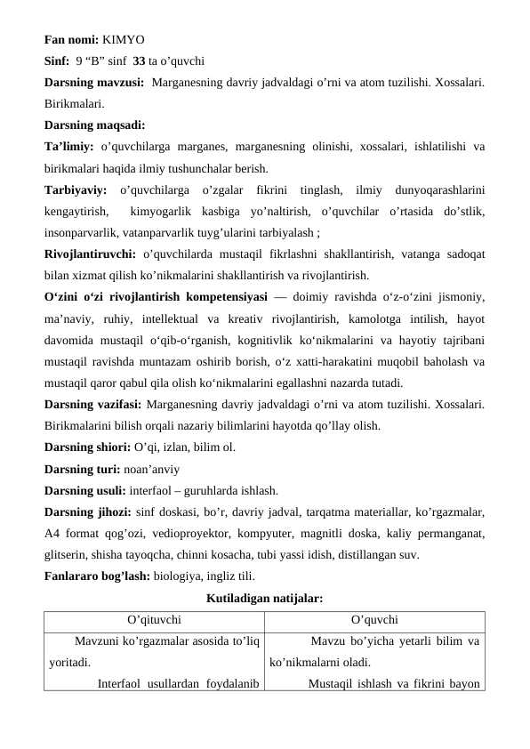 Marganes dars ishlanma kimyo 9-sinf