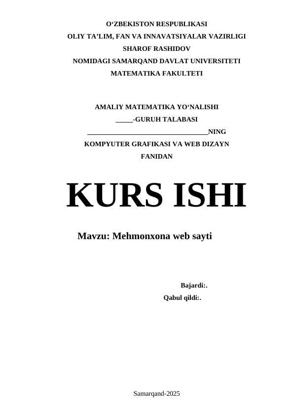 Mehmonxona web sayti kurs ishi