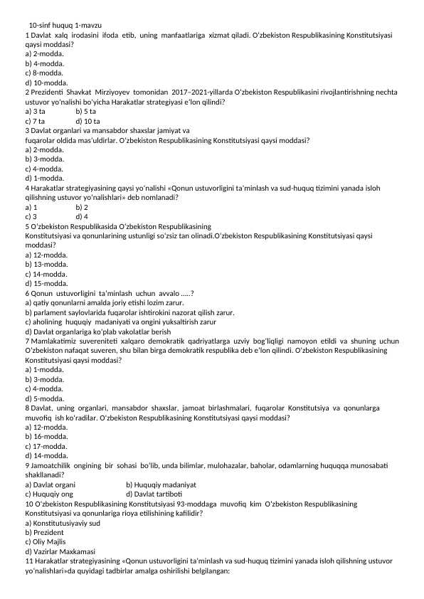 abiturient uchun 10 sinf test huquqshunoslar