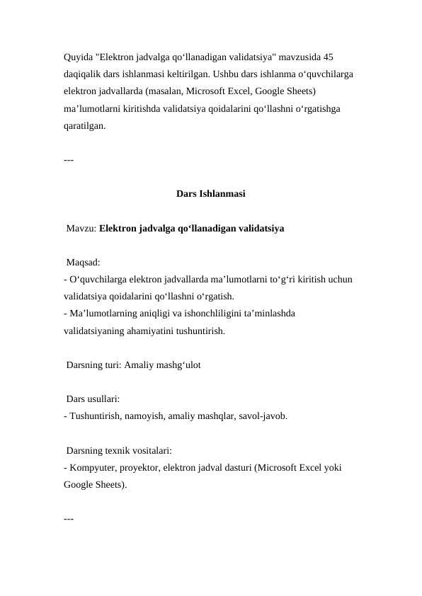 Elektron jadvalga qoʻllanadigan validatsiya ( Dars ishlanmasi )