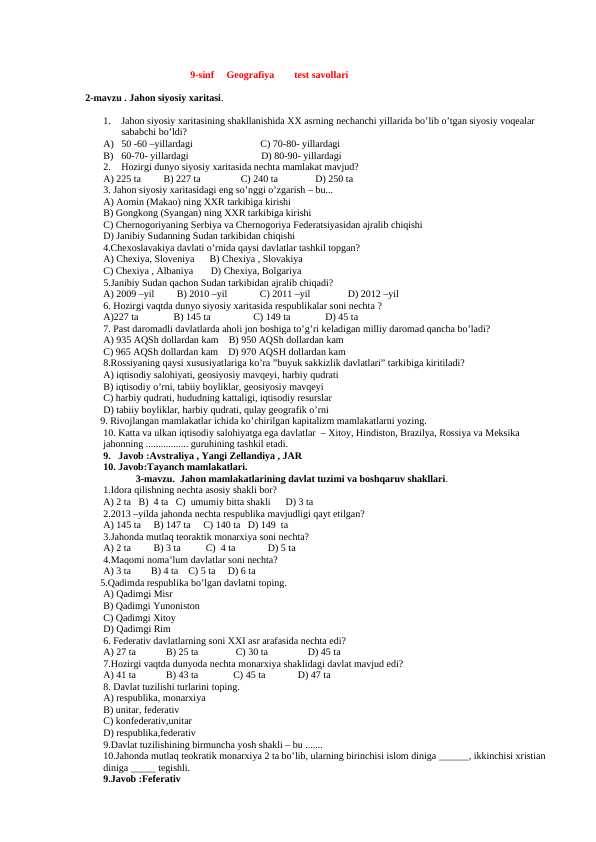 9-sinf geografiya mavzulashtirilgan test