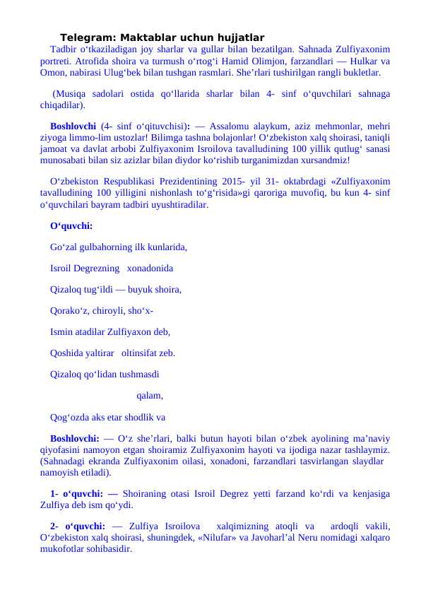 zulfiyaxonim tadbir ssenariysi